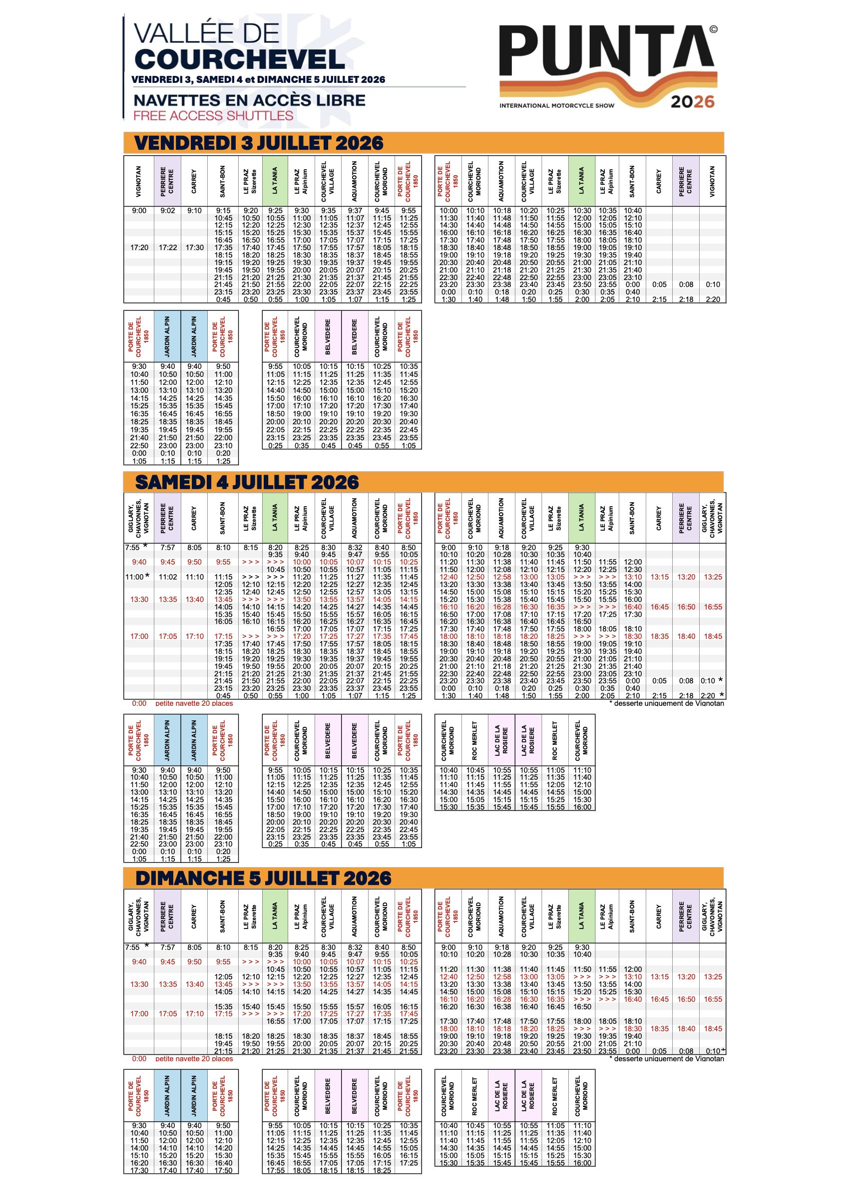 Horaires des navettes Punta, vallée de Courchevel
